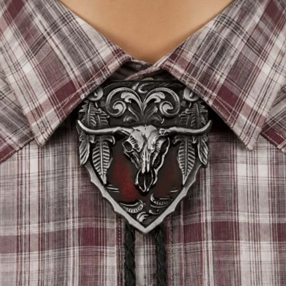Western Bolo Tie Longhorn Steer Skull Silver Tone Metal Black Faux Leather Cord
